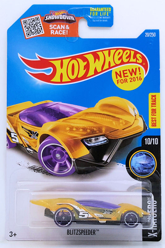 Hot Wheels 2016 - Collector # 020/250 - X-Raycers 10/10 - New Models - Blitzspeeder - Transparent Yellow Body, Purple Windows & Black Base - USA 'Showdown' Card