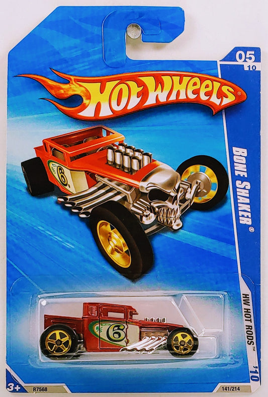 Hot Wheels 2010 - Collector # 141/214 - HW Hot Rods 5/10 - Bone Shaker - Red - Gold 5 Spokes - International Card