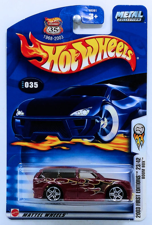Hot Wheels 2003 - Collector # 035/220 - First Editions 23/42 - Boom Box - Metallic Maroon - USA '1968-2003 Anniversary' Card