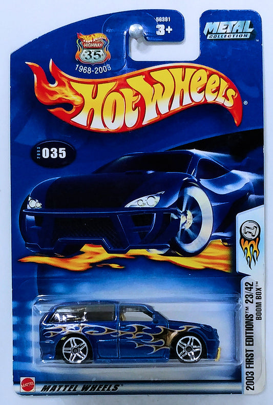 Hot Wheels 2003 - Collector # 035/220 - First Editions 23/42 - Boom Box - Metallic Blue - USA '1968-2003 Anniversary' Card