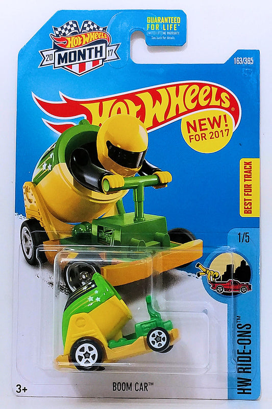 Hot Wheels 2017 - Collector # 163/365 - HW Ride-Ons 1/5 - New Models - Boom Car - Green & Yellow - Figures can Attach - USA 'Month' Card a Walmart Exclusive