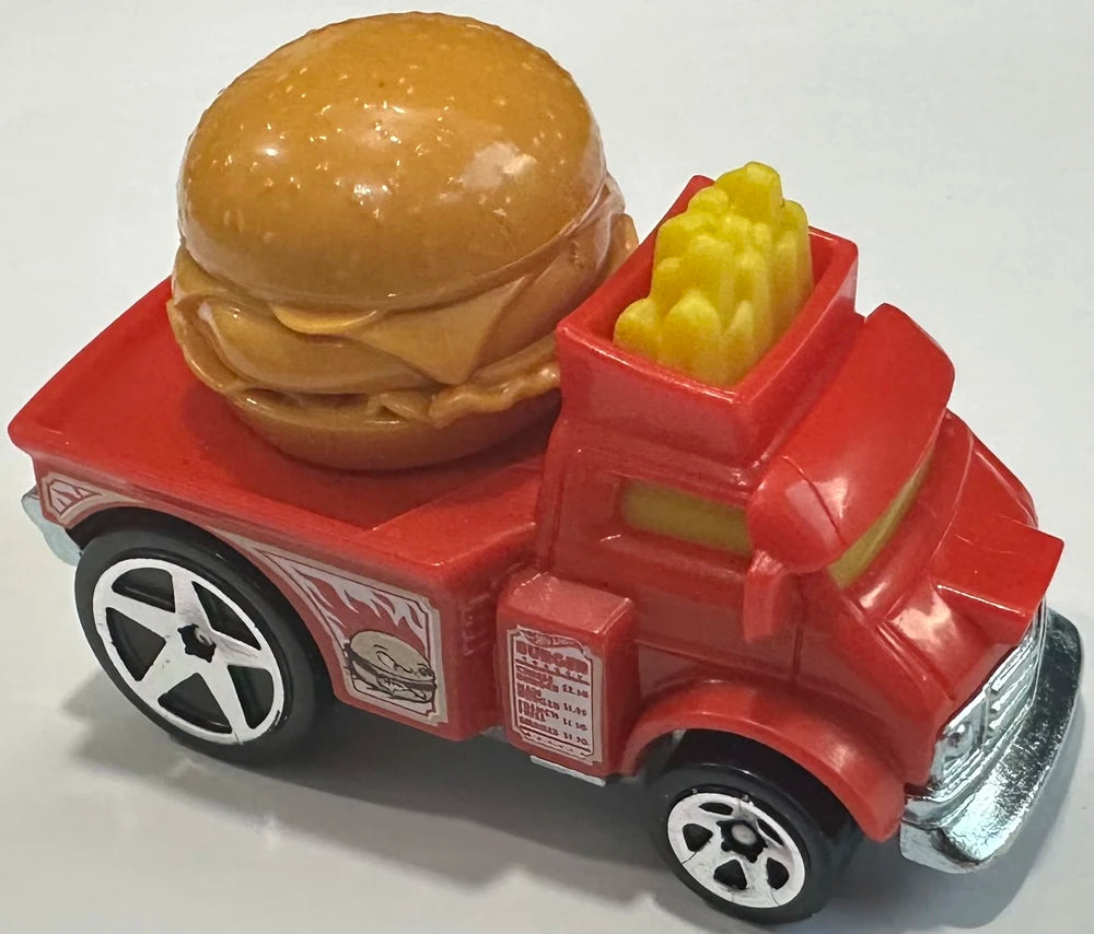 Hot Wheels 2025 - Collector # 153/250 - Hot Wheels Let's Race 5/5 - Buns of Steel - Red / Burger & Fries - 5 Spoke Wheels - USA 'Let's Race'Card