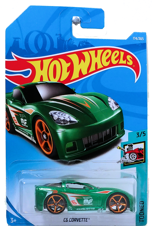Hot Wheels 2018 - Collector # 174/365 - Tooned 3/5 - C6 Corvette (Tooned) - Green Metalflake - International Card