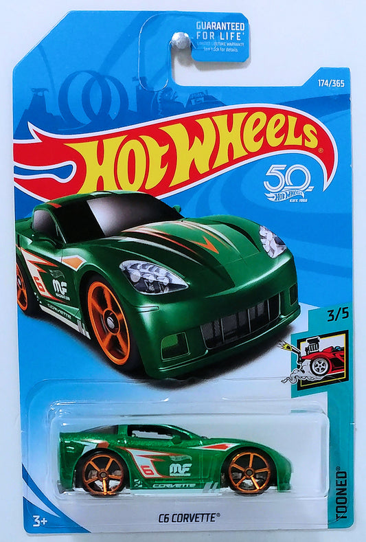 Hot Wheels 2018 - Collector # 174/365 - Tooned 3/5 - C6 Corvette (Tooned) - Green Metalflake - USA 50th Card