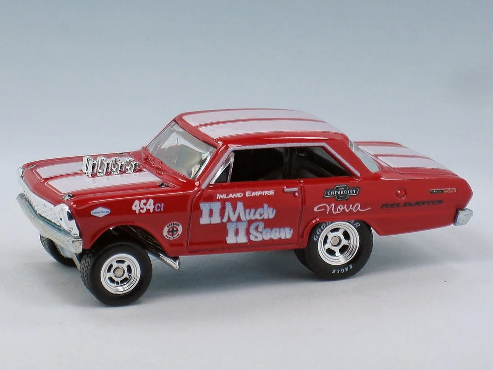 Hot Wheels 2018 - Premium / Car Culture / Drag Strip Demons 2/5 - '63 Chevy Nova - Red / II Much II Soon - Metal/Metal & Real Riders