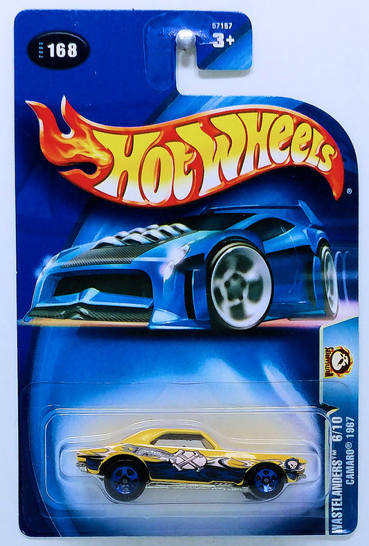 Hot Wheels 2003 - Collector # 168/220 - Wastelanders 6/10 - Camaro 1967 - Yellow - Blue 5 Spoke Wheels - Opening Hood - USA '04 Older Card