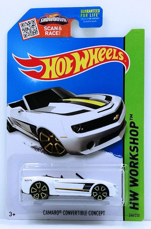 Hot Wheels 2015 - Collector # 246/250 - HW Workshop / Then and Now - Camaro Convertible Concept - White - Yellow & Black Stripes - USA Card