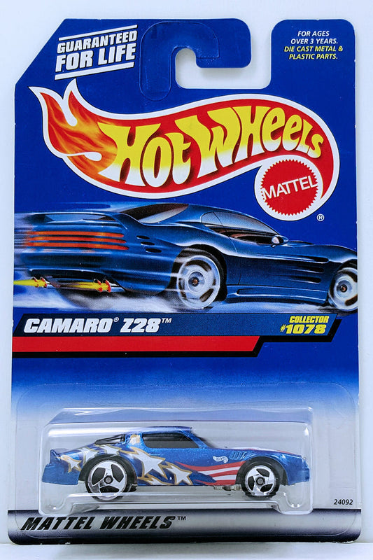 Hot Wheels 1999 - Collector # 1078 - Camaro Z28 - Metalflake Blue / Stars and Stripes - USA Blue Car Card