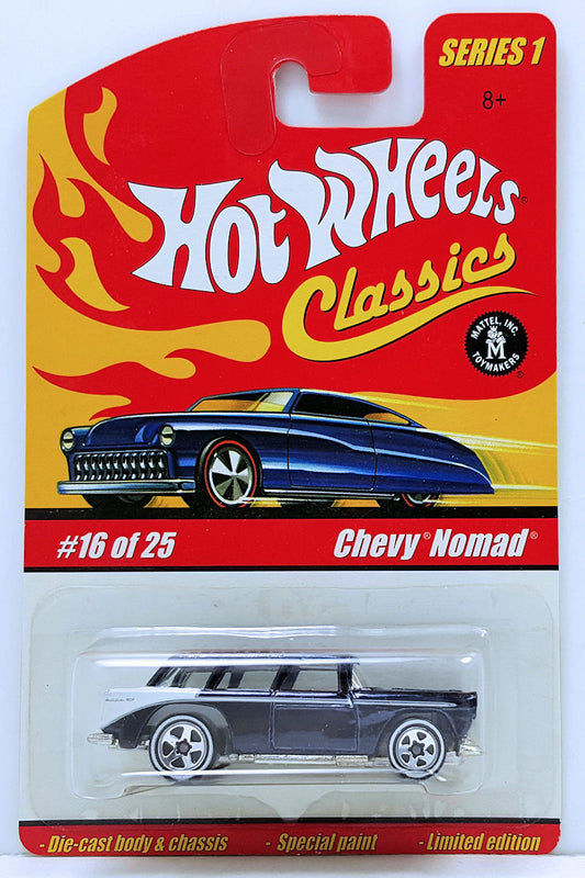Hot Wheels 2005 - Classics Series 1 # 16/25 - Chevy Nomad - Spectraflame Black - White Interior - 5 Spokes with White Walls - Metal/Metal
