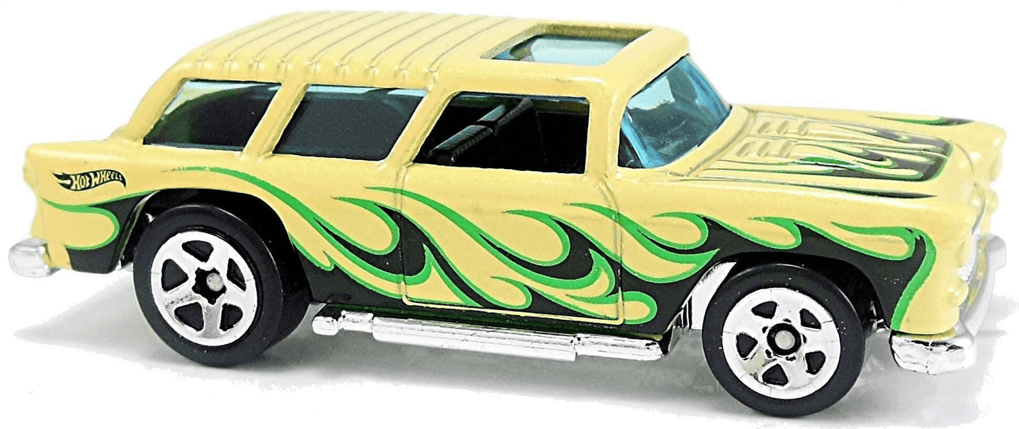 Hot Wheels 2018 - KMart Exclusive - HW Flames 6/10 - Classic '55 Nomad - Pale Yellow - USA Card with Factory Set Sticker
