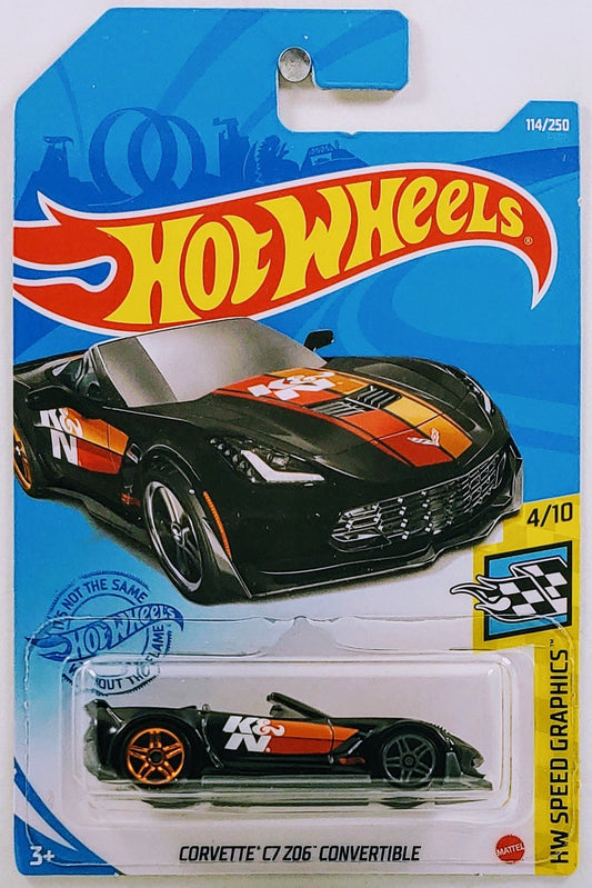 Hot Wheels 2021 - Collector # 114/250 - HW Speed Graphics 4/10 - Corvette C7 Z06 Convertible - Black / K&N Filters - Orange & Gray PR5 Wheels - IC