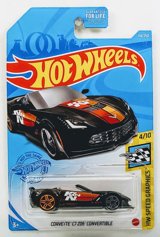 Hot Wheels 2021 - Collector # 114/250 - HW Speed Graphics 4/10 - Corvette C7 Z06 Convertible - Black / K&N Filters - Orange & Gray PR5 Wheels - USA Card