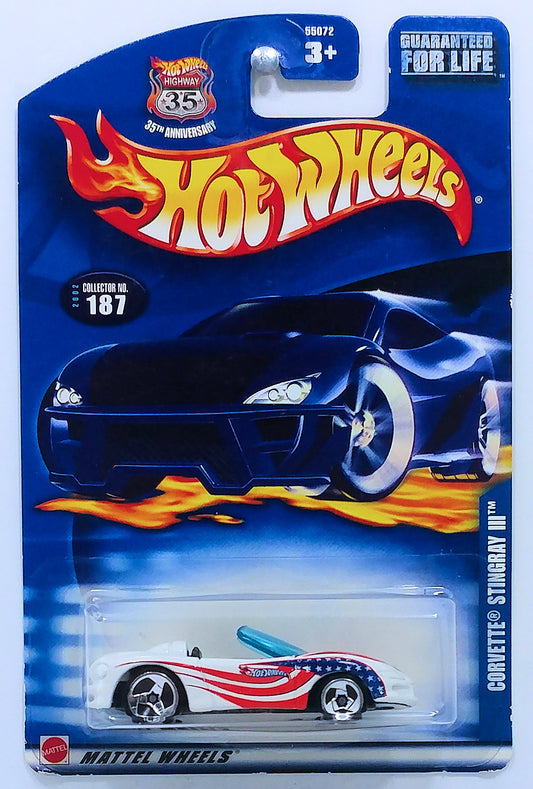 Hot Wheels 2002 - Collector # 187/240 - Corvette Stingray III - White / Stars & Stripes Graphic - 3 Spokes - USA '35th Anniversary' Card