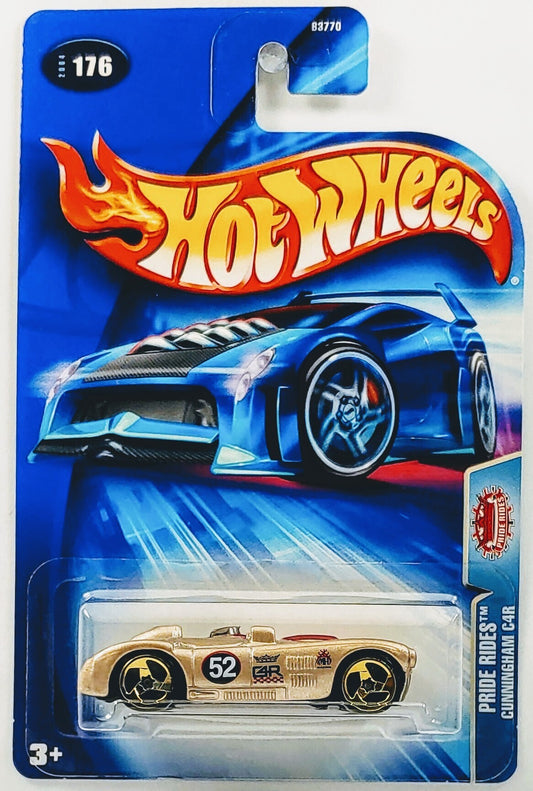 Hot Wheels 2004 - Collector # 176/212 - Pride Rides - Cunningham C4R - Metallic Gold / #52 - Gold 3 Spokes - USA Card