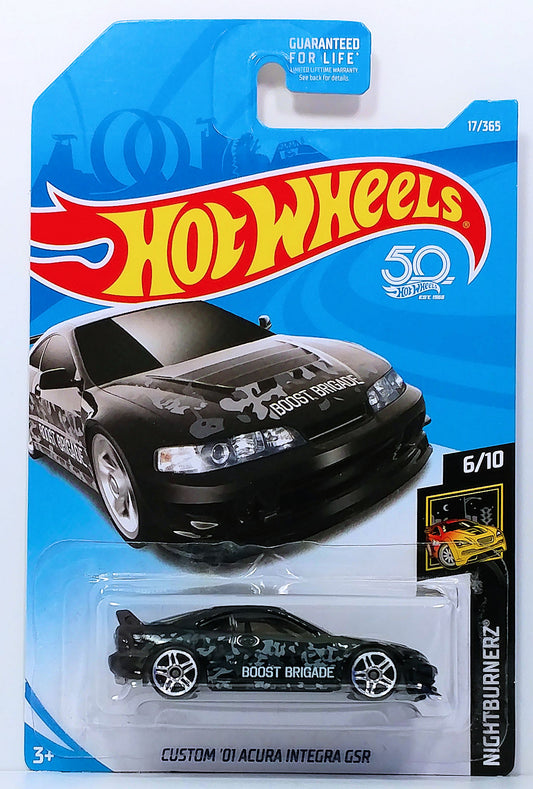 Hot Wheels 2018 - Collector # 213/365 - Nightburnerz 6/10 - Custom '01 Acura Integra GSR - Black - USA 50th Card