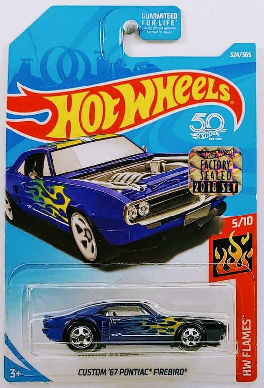 Hot Wheels 2018 - Collector # 128/365 - HW Flames 5/10 - Custom '67 Pontiac Firebird - Blue - USA 50th Card with Factory Set Sticker