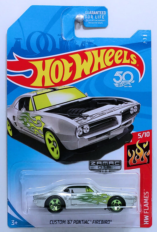 Hot Wheels 2018 - Collector # 128/365 - HW Flames 5/10 - ZAMAC 012 - Custom '67 Pontiac Firebird - ZAMAC - Walmart Exclusive - USA 50th Card