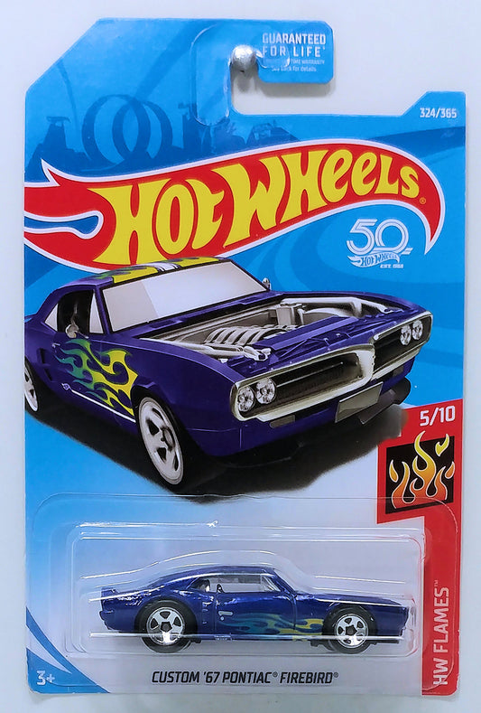 Hot Wheels 2018 - Collector # 128/365 - HW Flames 5/10 - Custom '67 Pontiac Firebird - Blue - USA 50th Card - ERROR: Misaligned Tampo