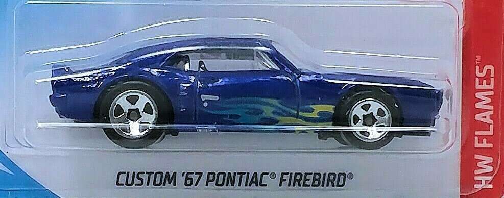 Hot Wheels 2018 - Collector # 128/365 - HW Flames 5/10 - Custom '67 Pontiac Firebird - Blue - USA 50th Card - ERROR: Misaligned Tampo