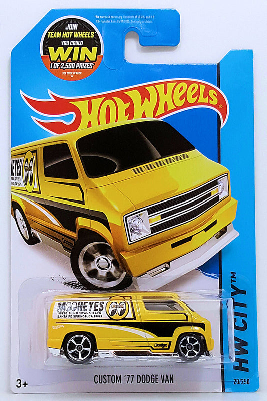 Hot Wheels 2015 - Collector # 020/250 - HW City / HW Performance - Custom '77 Dodge Van - Yellow / Mooneyes - M5 Wheels - USA Card with 'Team Hot Wheels Win' Promo