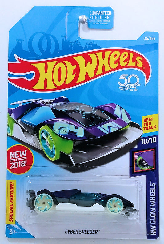 Hot Wheels 2018 - Collector # 135/365 - HW Glow Wheels 10/10 - New Models - Cyber Speeder - Metalflake Purple - USA 50th Card