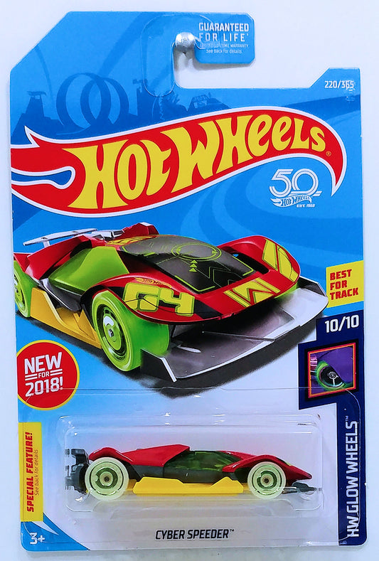 Hot Wheels 2018 - Collector # 220/365 - HW Glow Wheels 10/10 - New Models - Cyber Speeder - Red - USA 50th Card