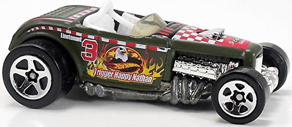 Hot Wheels 2003 - Collector # 077/220 - Flying Aces II 3/5 - Deuce Roadster - Matte OD Green / 'Trigger Happy Nathan' - 5 Spoke Wheels - USA '1968-2003' Card