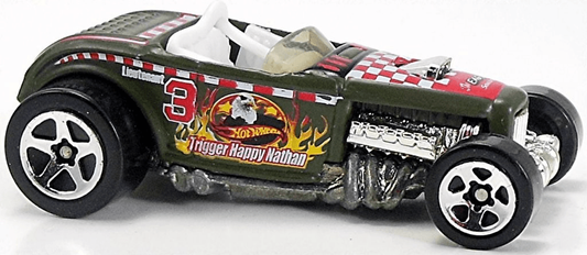 Hot Wheels 2003 - Collector # 077/220 - Flying Aces II 3/5 - Deuce Roadster - Matte OD Green / 'Trigger Happy Nathan' - 5 Spoke Wheels - USA '1968-2003' Card