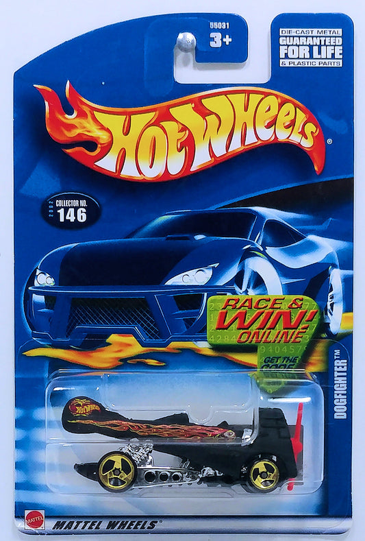 Hot Wheels 2002 - Collector # 146/240 - Dogfighter - Matte Black / Flames - Gold 3 Spoke - USA 'Race & Win' Card