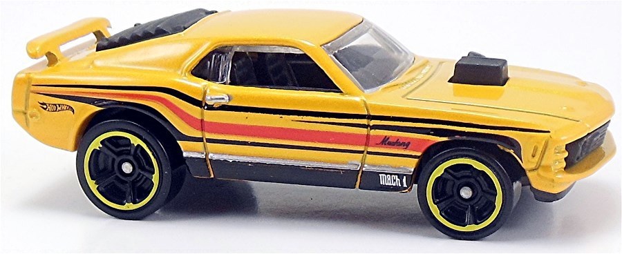 Hot Wheels 2014 - Collector # 097/250 - HW City / Mustang 50th - '70 Ford Mustang MACH 1 - Yellow / Red & Black Stripes - M5 Wheels - USA Card
