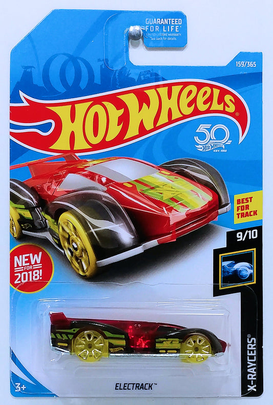 Hot Wheels 2018 - Collector # 159/365 - X-Raycers 9/10 - New Models - Electrack - Transparent Red - USA 50th Card