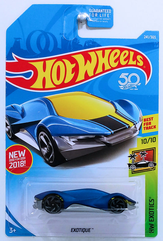 Hot Wheels 2018 - Collector # 365/365 - HW Exotics 10/10 - New Models - Exotique - Satin Blue - USA 50th Card