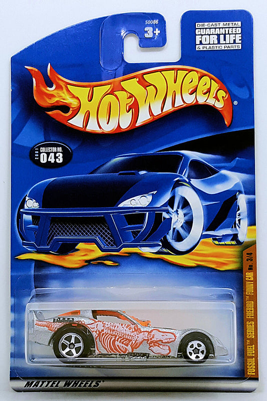 Hot Wheels 2001 - Collector # 043/240 - Fossil Fuel Series 3/4 - Firebird Funny Car - Silver / T-Rex - 5 Spokes - USA Card