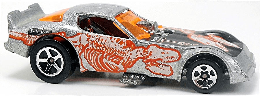 Hot Wheels 2001 - Collector # 043/240 - Fossil Fuel Series 3/4 - Firebird Funny Car - Silver / T-Rex - 5 Spokes - USA Card