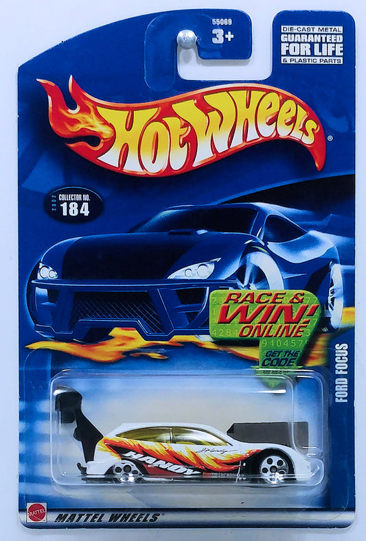 Hot Wheels 2002 - Collector # 184/240 - Ford Focus - White with Black, Red & Orange Handy Graphics - USA 'Race & Win' Card