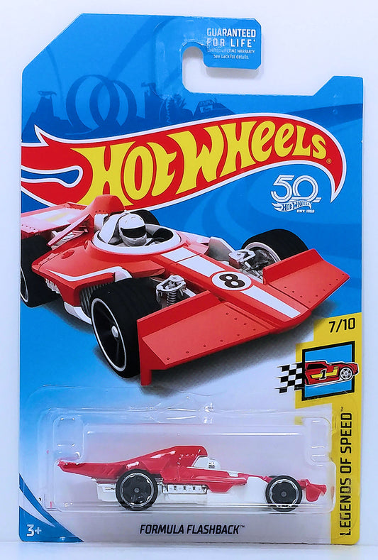 Hot Wheels 2017 - Collector # NONE - Legends of Speed 7/10 - Formula Flashback - Red over White / #8 - MC5 Wheels - KMart Exclusive - USA 50th Card