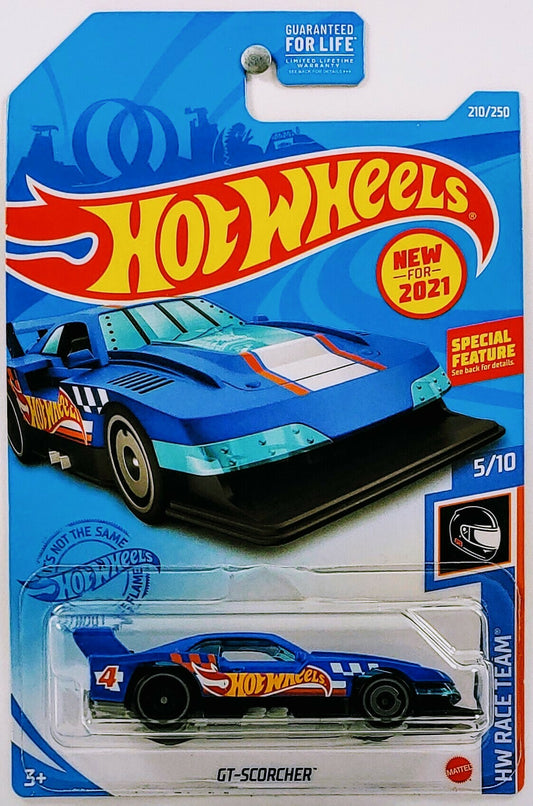 Hot Wheels 2021 - Collector # 210/250 - HW Race Team 05/10 - New Models - GT-Scorcher - Satin Blue / #4 - AeroDisc Wheels - USA Card