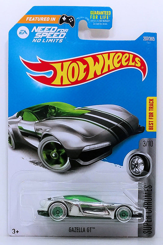 Hot Wheels 2017 - Collector # 207/365 - Super Chromes 3/10 - Gazella GT - Chrome Body / Green Window - USA 'Need for Speed' Card