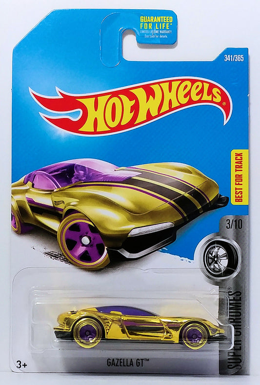Hot Wheels 2017 - Collector # 341/365 - Super Chromes 3/10 - Gazella GT - Gold Chrome Body / Purple Window - USA Card