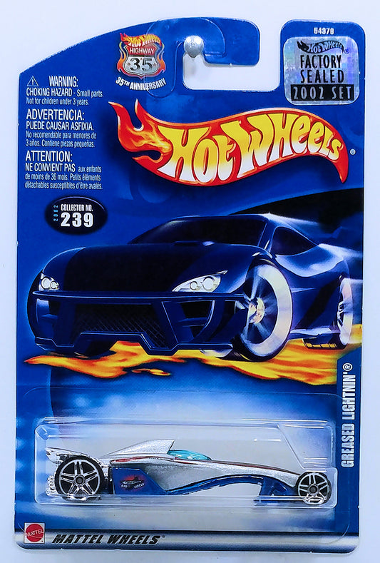 Hot Wheels 2002 - Collector # 239/240 - Greased Lightnin' - Silver - Thailand - International '1968 - 2003 Anniversary' Card with Factory Set Sticker