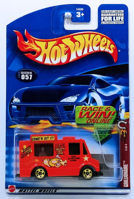 Hot Wheels 2002 - Collector # 057/240 - Wild Frontier Series 3/4 - Grillionaire - Orange / Saucy Sanders - Gold 5 Spokes - USA Race & Win Card