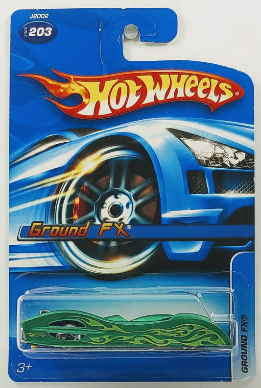 Hot Wheels 2006 - Collector # 203/223 - Ground FX - Metalflake Green / Flames - Body Pops Off - USA Card