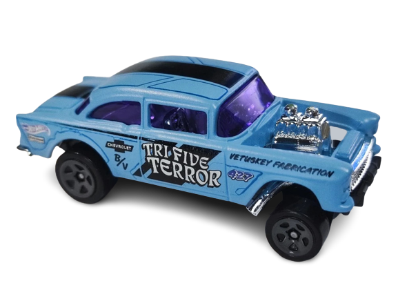 Hot Wheels 2023 - Collector # 110/250 - HW Gassers 1/5 - '55 Chevy Bel Air Gasser - Matte Light Blue / Tri-Five Terror - USA