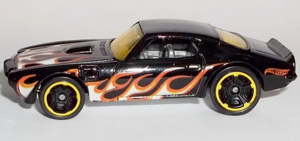 Hot Wheels 2014 - Theme / Happy 4th of July # 3/6 - '73 Pontiac Firebird - Black with Flames - Yellow Ring, Black MC5 wheels - Yellow Windows - Gray Interior - Chrome Plastic Base - Kroger Exclusive