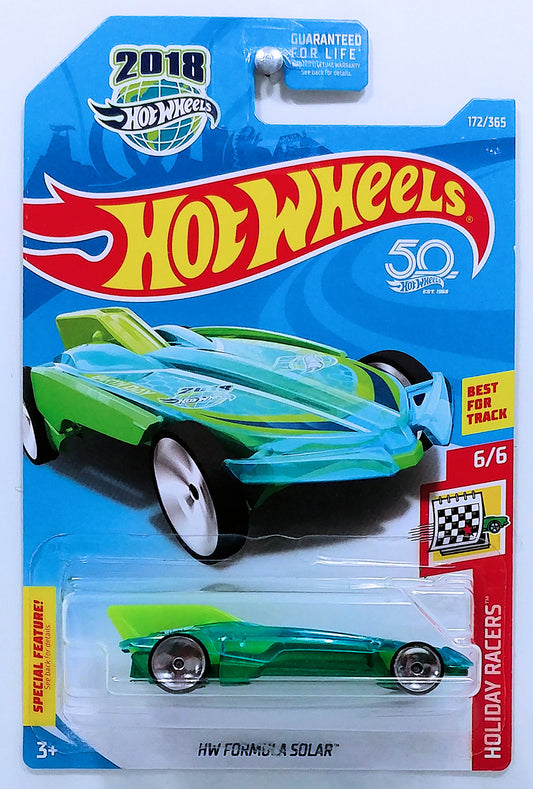 Hot Wheels 2018 - Collector # 172/365 - Holiday Racers 6/6 - HW Formula Solar - Transparent Blue / 'Earth Day' - USA 50th Card