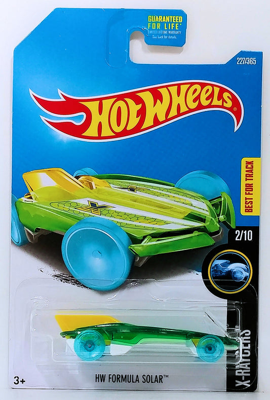 Hot Wheels 2017 - Collector # 227/365 - X-Raycers 2/10 - HW Formula Solar - Transparent Green Body / White Metal Base / Yellow Vertical Wing - USA Card