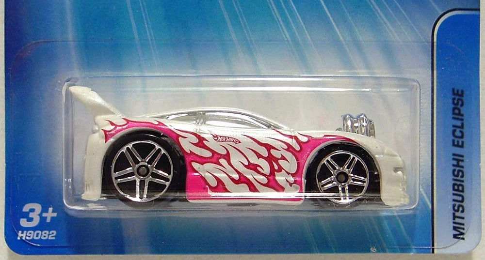 Hot Wheels 2005 - Collector # 174/183 - Mitsubishi Eclipse (Tooned) - White / Flames - PR5 Wheels - USA '05 Card