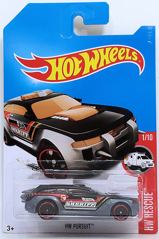 Hot Wheels 2017 - Collector # ---/365 - HW Rescue 1/10 - Treasure Hunts - HW Pursuit - Black / Sheriff / Circle Flame Logo on Sides - International Card