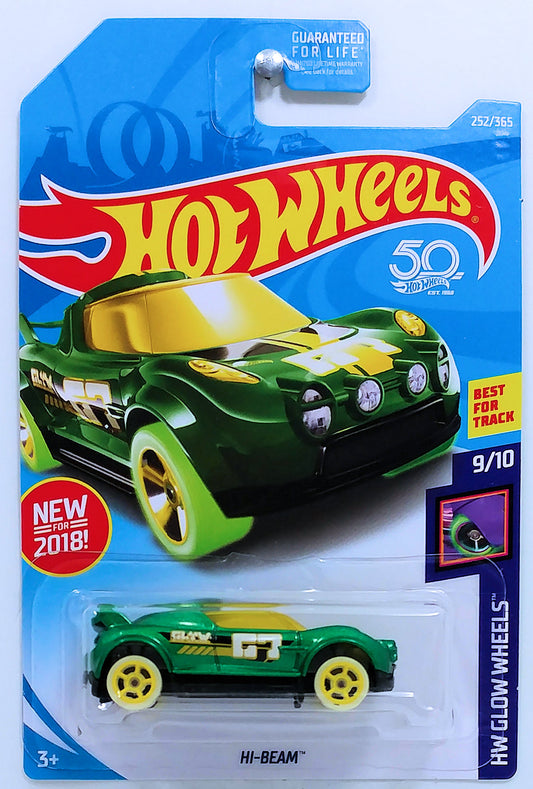 Hot Wheels 2018 - Collector # 252/365 - HW Glow Wheels 9/10 - New Model - Hi-Beam - Metalflake Dark Green - USA 50th Card