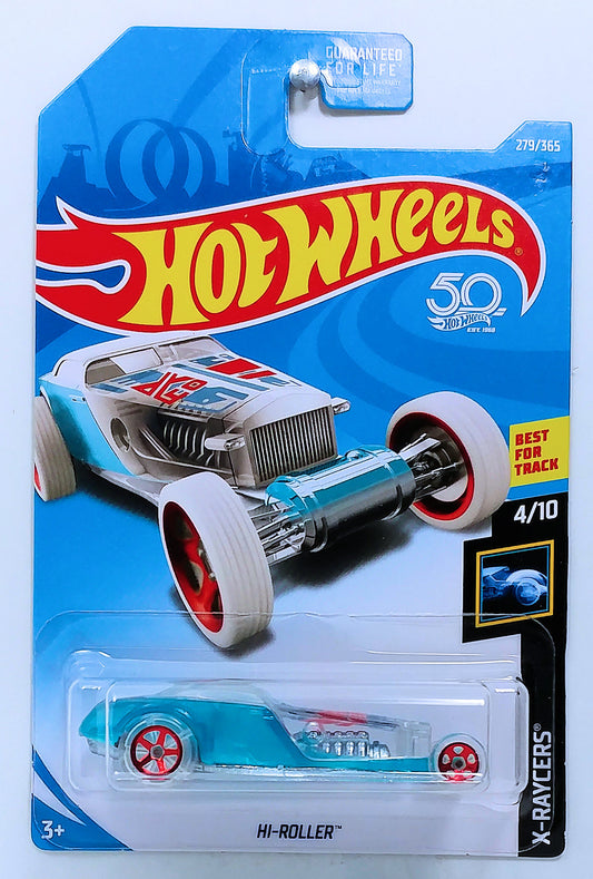 Hot Wheels 2018 - Collector # 279/365 - X-Raycers 4/10 - Hi-Roller - Transparent Blue - USA 50th Card